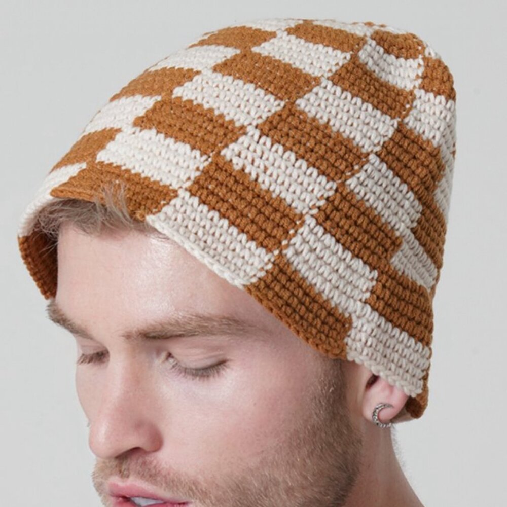Brown Checkered Hand Knitted Bucket Hat for men and women